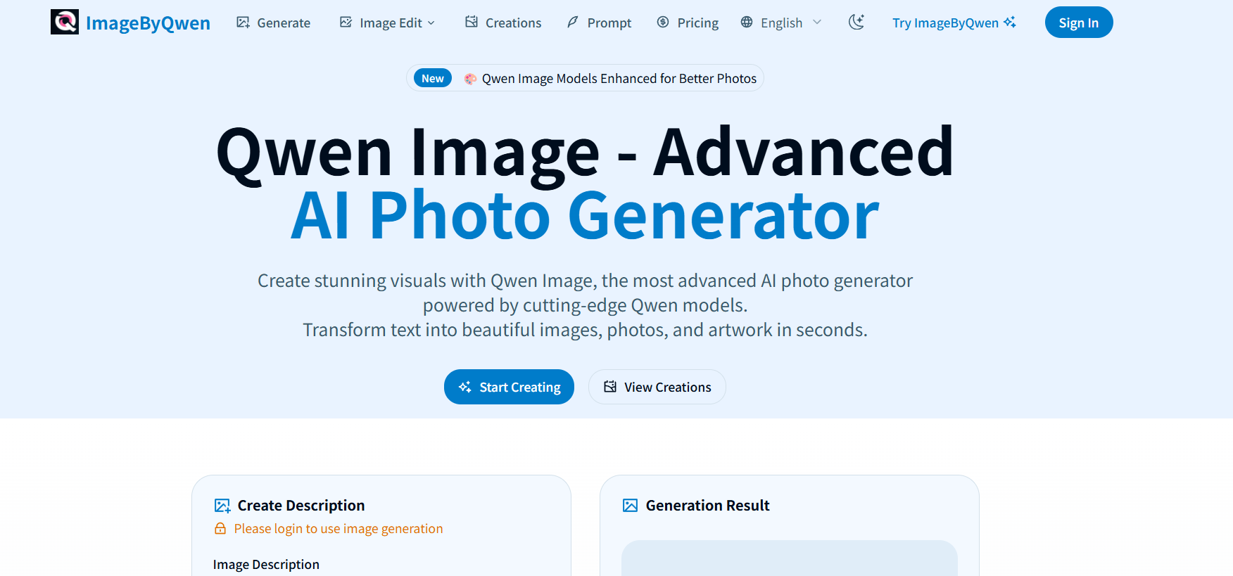 imagebyqwen.com Design interface showing qwen image and features