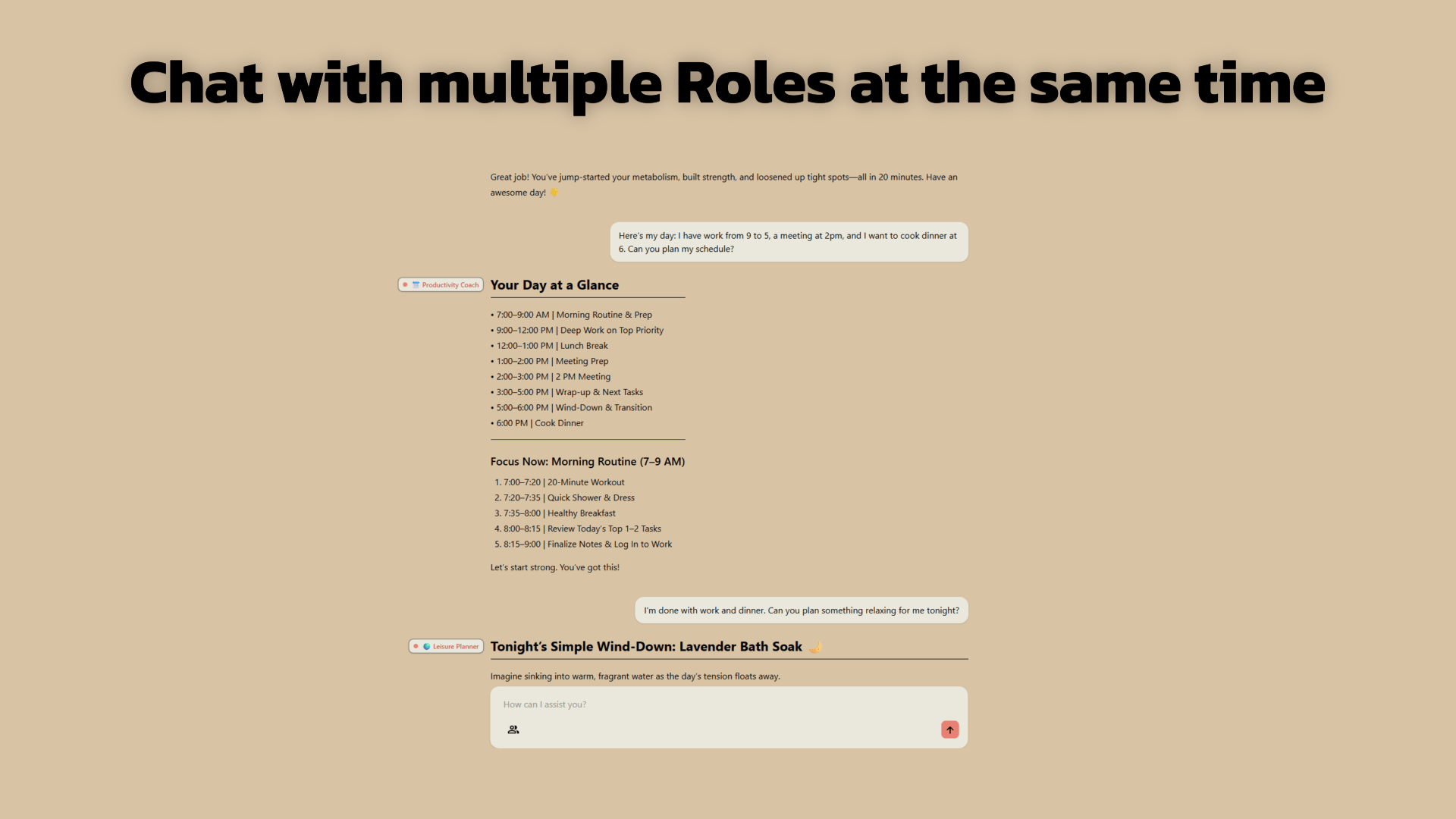 Rolyai Conversational AI showing ai assistant - Group chat with AI roles