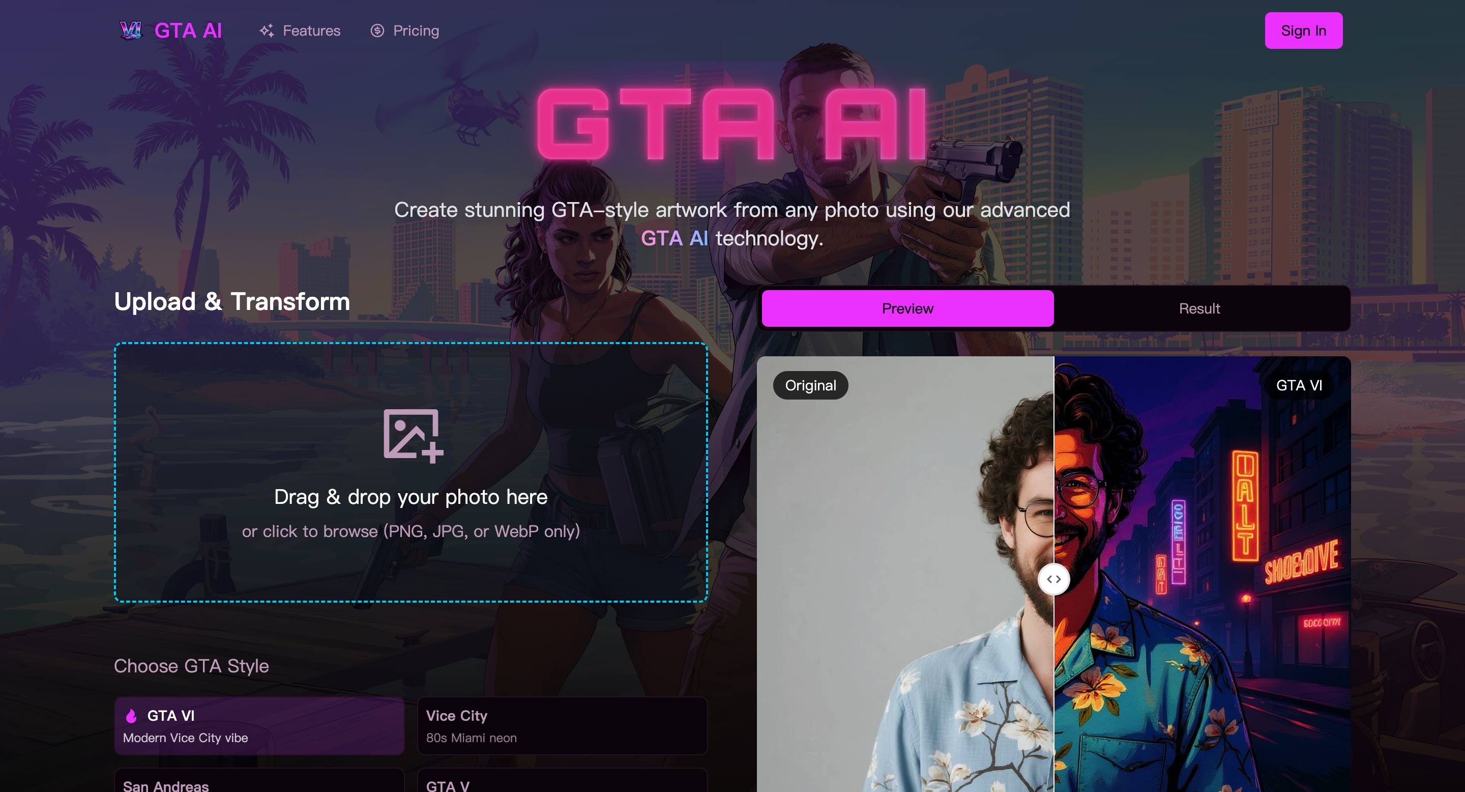 GTA AI Design showing image-to-image， ai，fun tool - GTA AI - Convert Your Photos to Stunning GTA Style Artwork