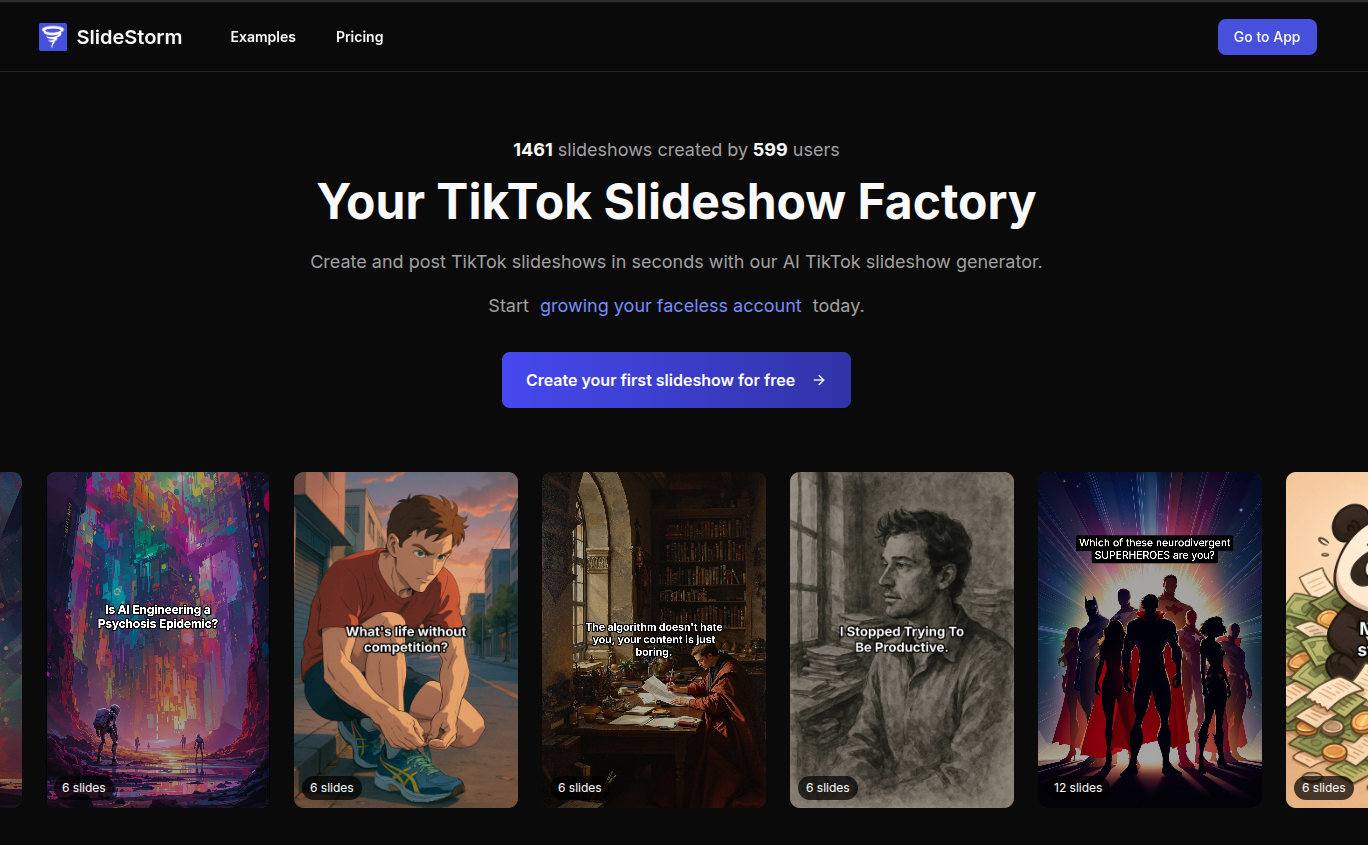 SlideStorm Image Generation showing tiktok - Your TikTok Slideshow Factory