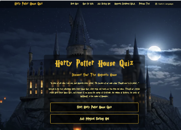 Harry Potter House Quiz Conversational AI interface showing ai and features