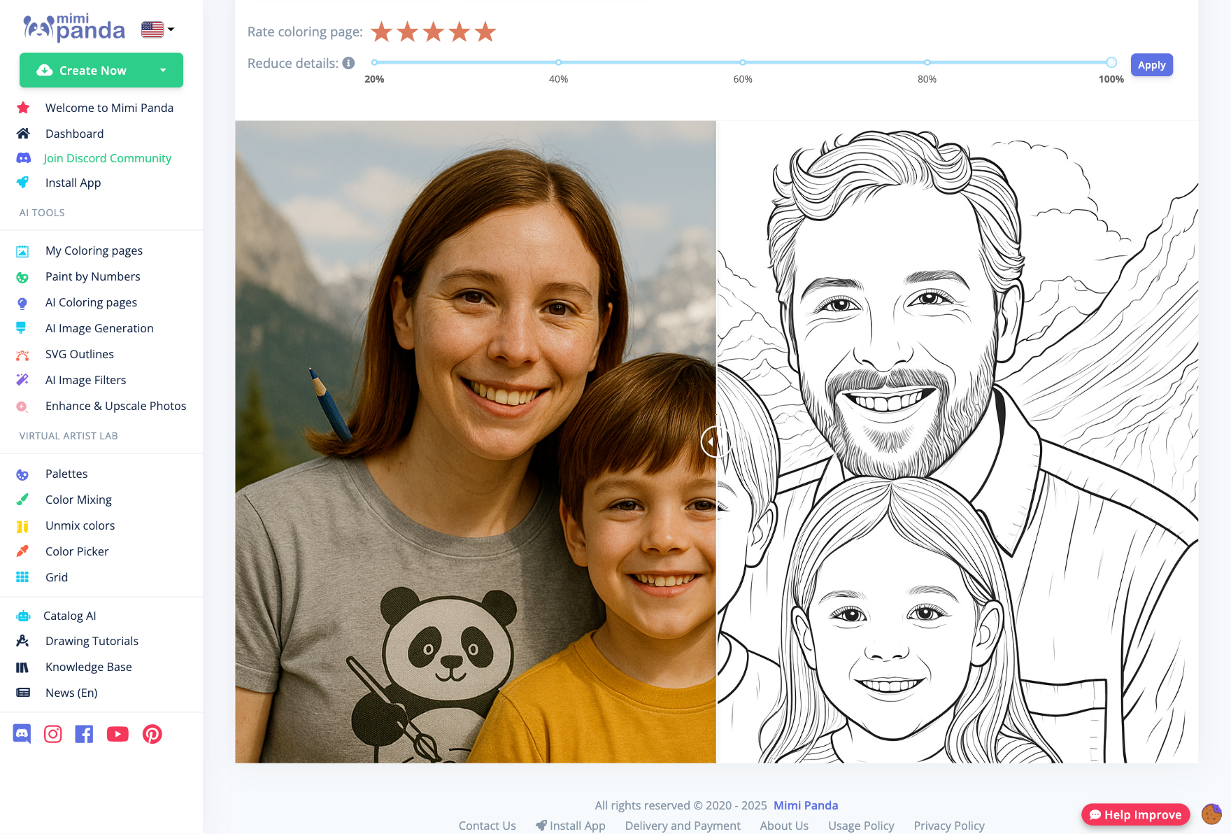 Mimi Panda Image Generation interface showing image-to-image and features