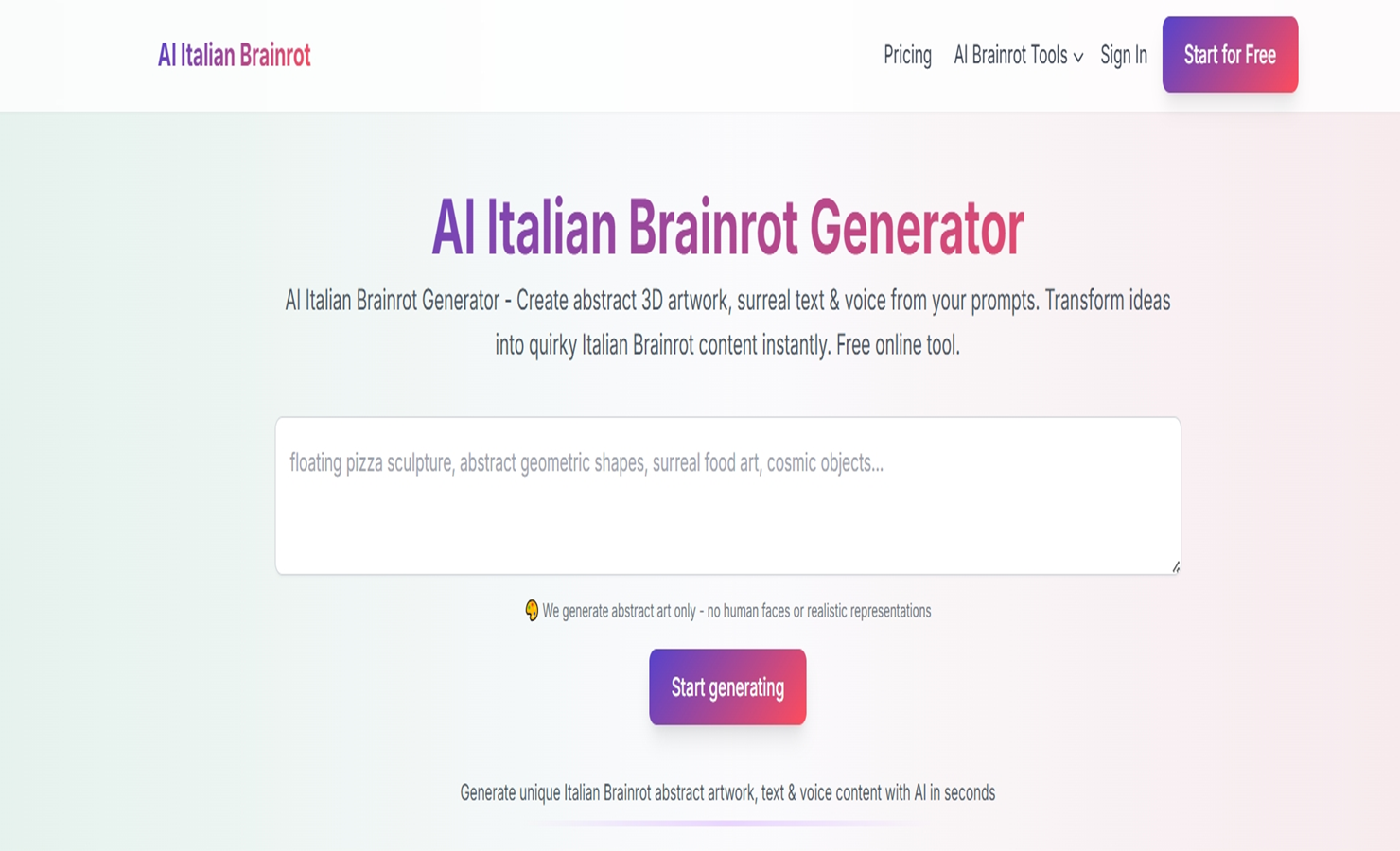 https://italianbrainrots.org Audio Generation interface showing image generator and features