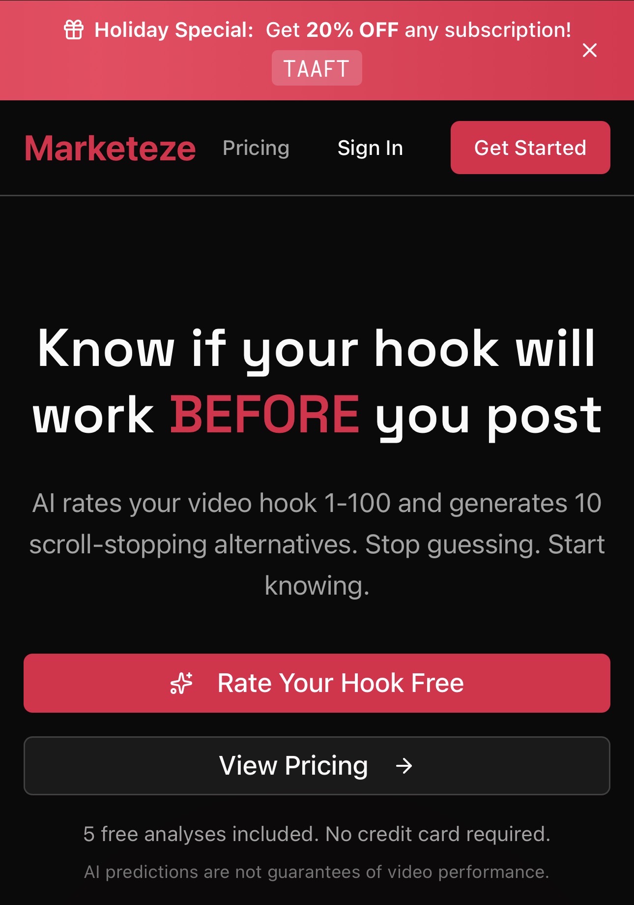 Marketeze - Hook Generator & Scorer Marketing Automation showing ai-powered - Know if your hook will work before you upload!