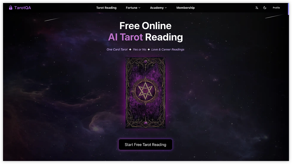 TarotQA Conversational AI showing free accurate ai tarot reading & predictions online - Fun Tool, Chat, Tarot, AI Tool, Enter
