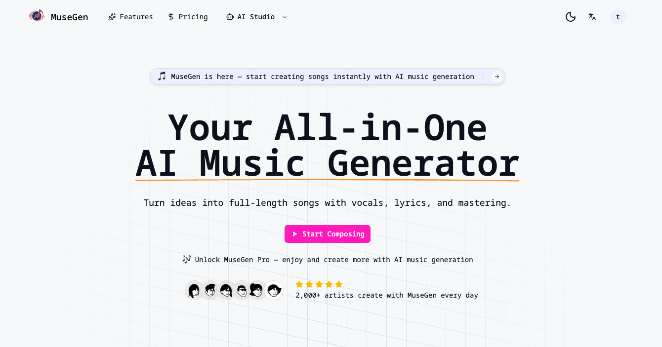 MuseGen Image Generation interface showing Image Generation and features