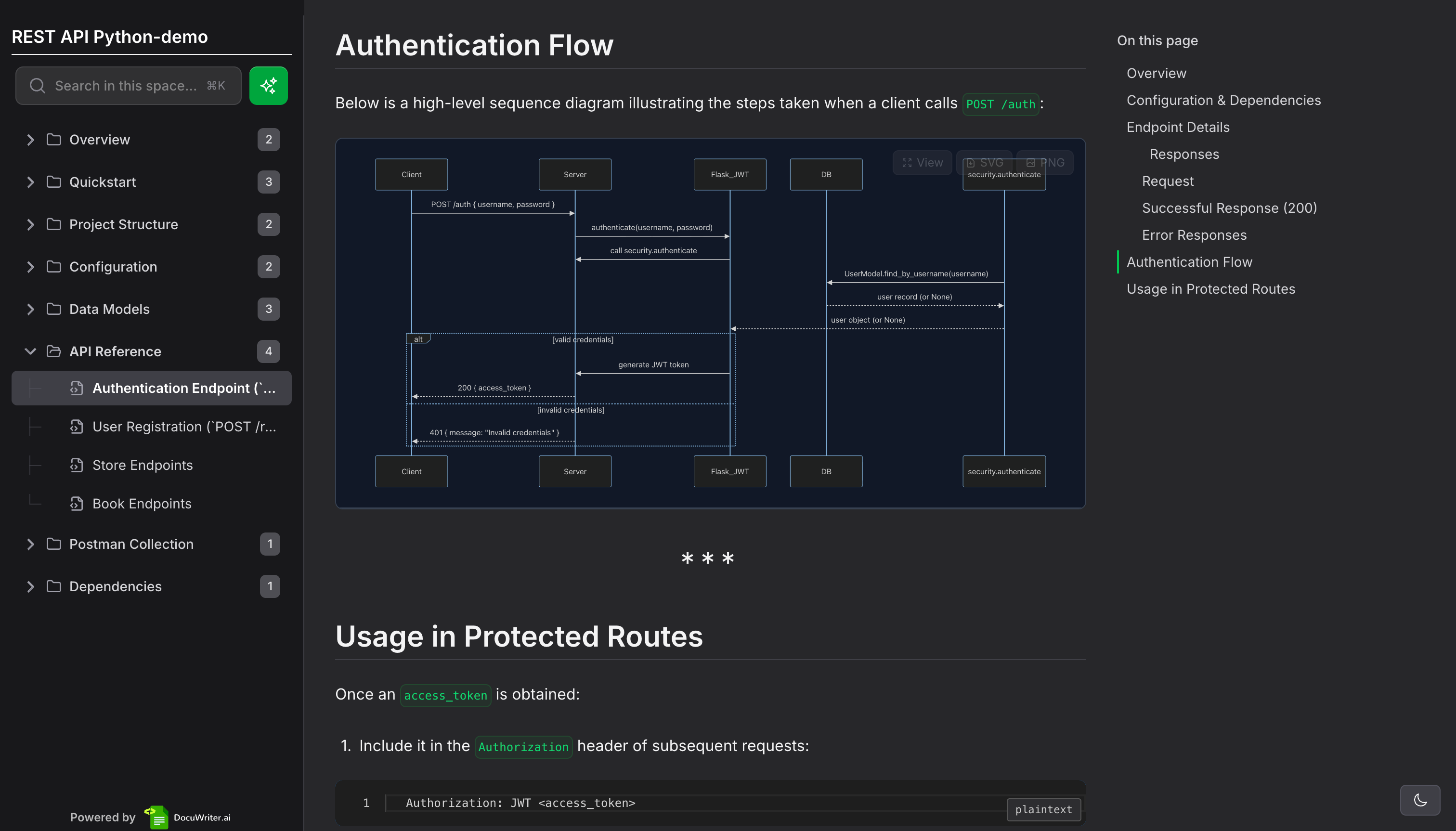 DocuWriter.ai Code Assistance interface showing Code Assistance and features