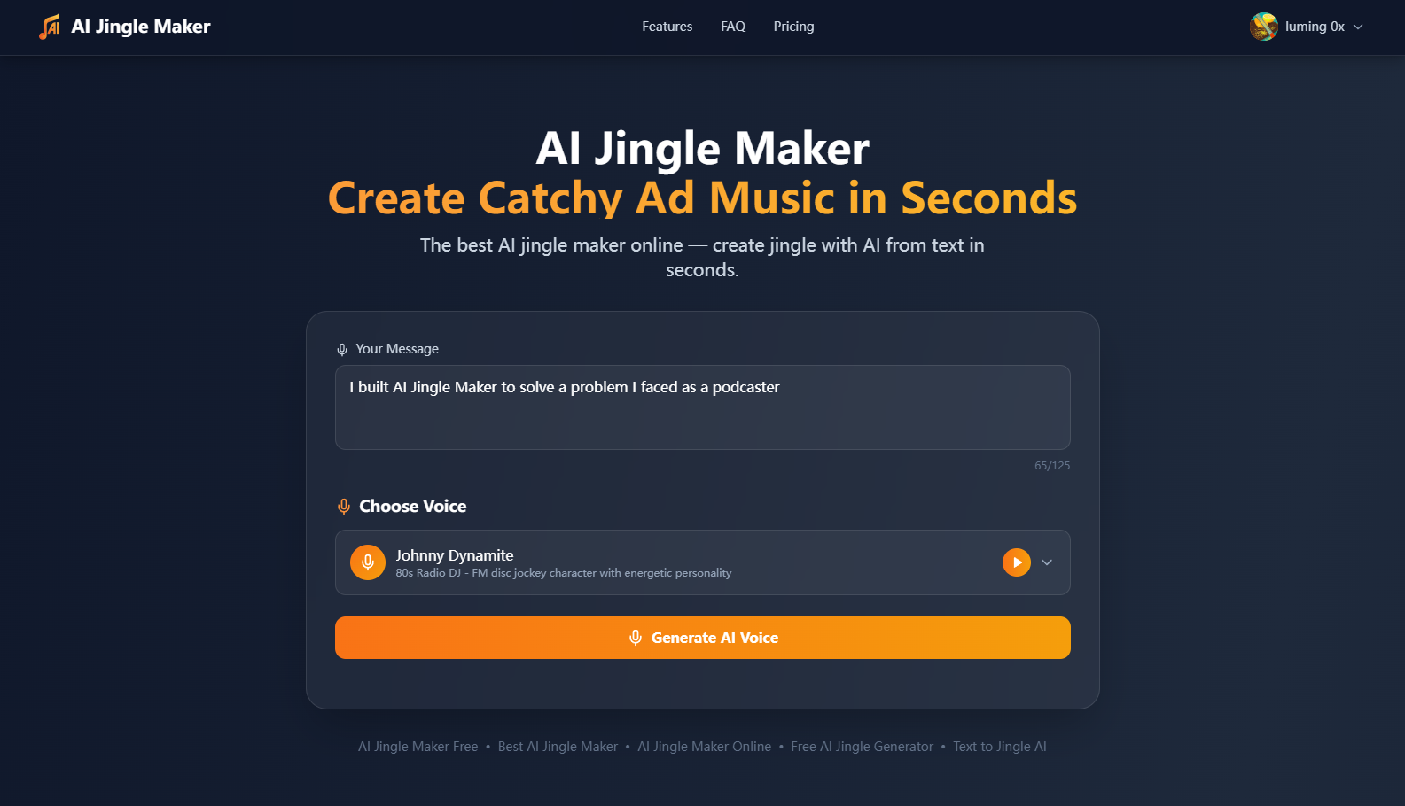 aijinglemaker Audio Generation interface showing Audio Generation and features