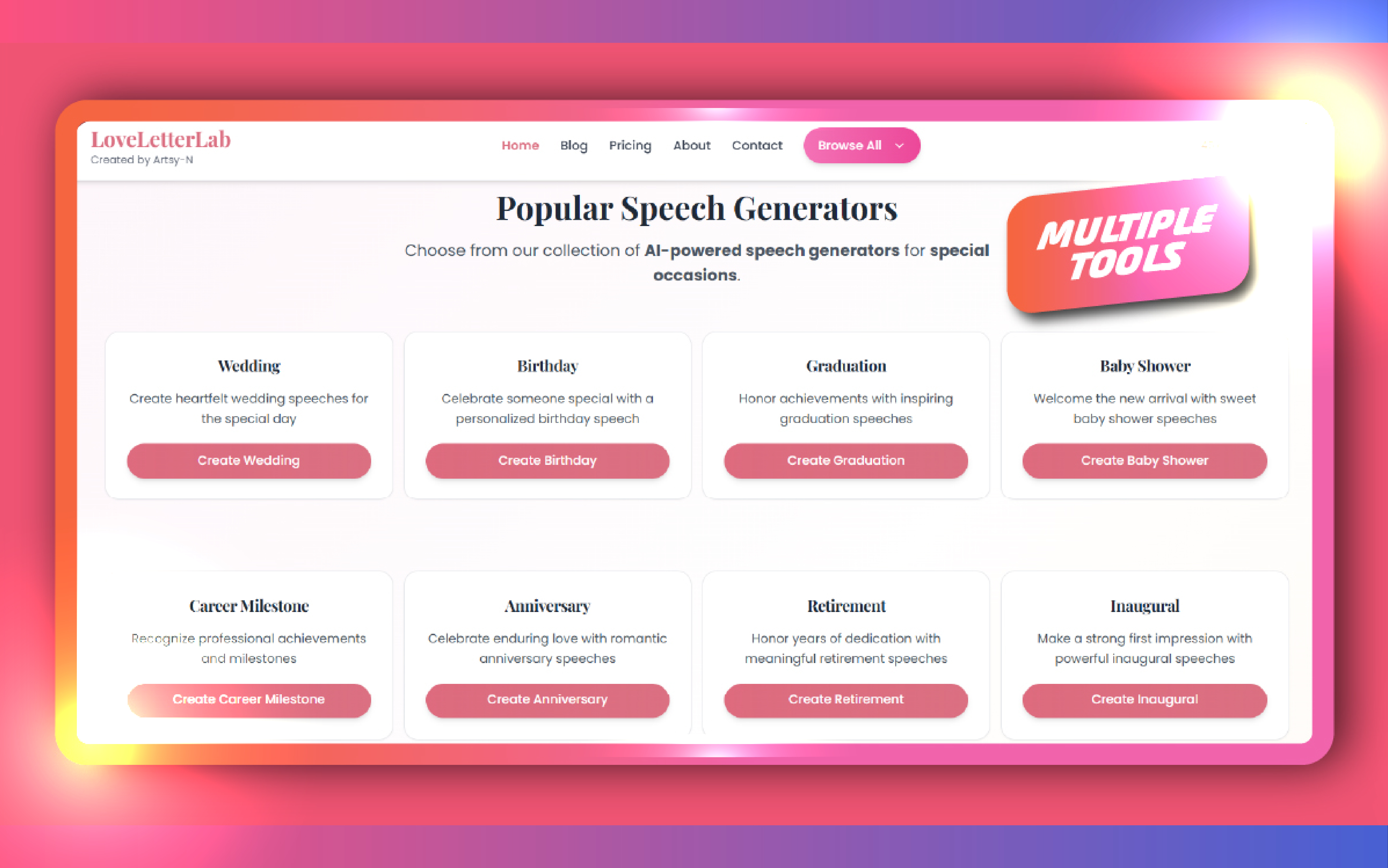 LoveLetterLab.com Conversational AI showing career milestone speeh - AI Speech Generator for Wedding Toast, Birthday Wishes &