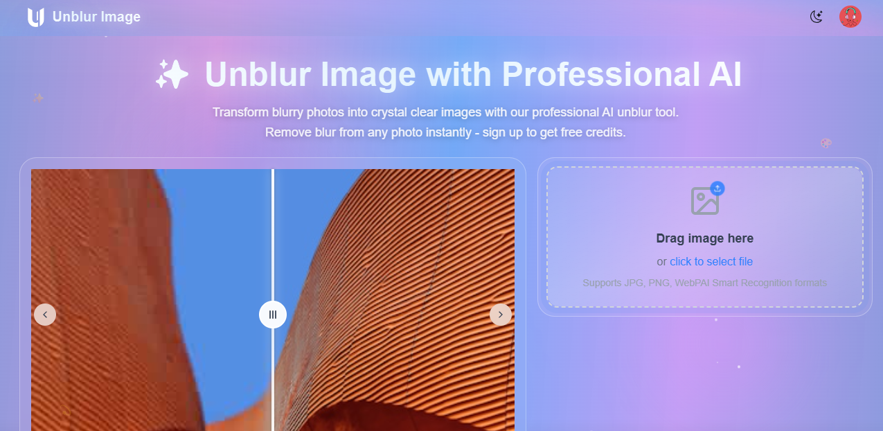 unblur-image Design interface showing unblur image and features