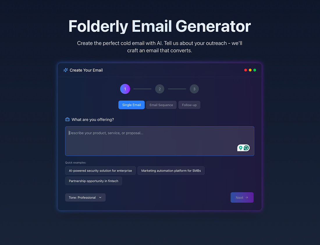 Folderly AI Writing & Translation showing ai emails - The Ultimate AI Cold Email Generator for B2B Outreach
