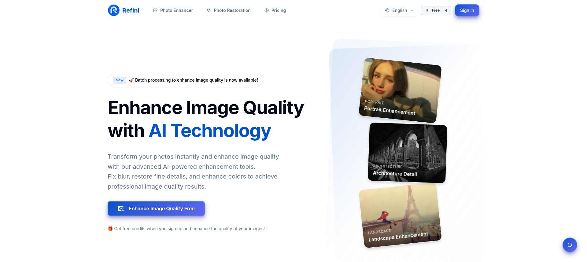 Refini Image Generation showing image enhance - Enhance any image or restore precious old photos with professional quality.