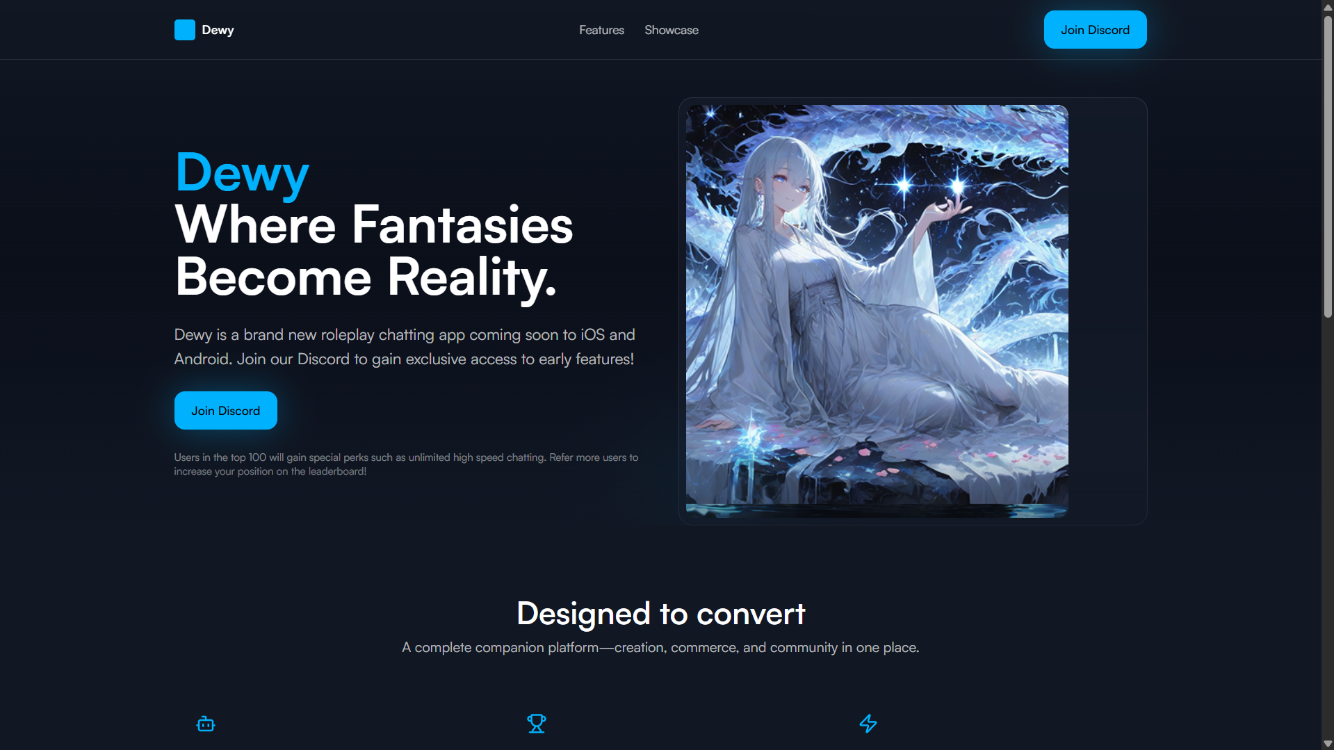 Dewy Chat Conversational AI interface showing Conversational AI and features