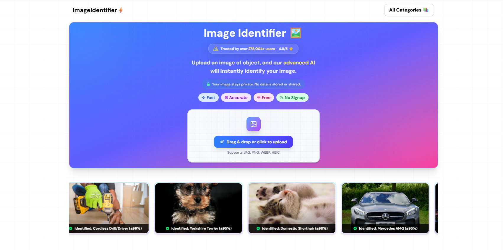 ImageIdentifier Search & Discovery interface showing Search & Discovery and features