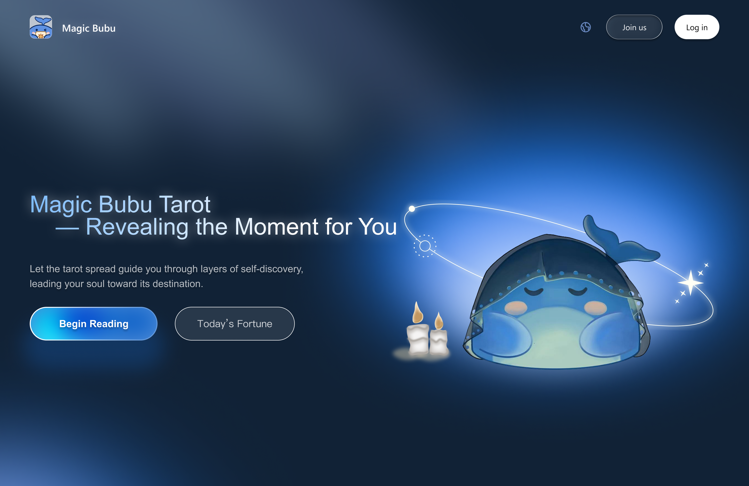 MagicBuBu Tarot Conversational AI interface showing tarot and features