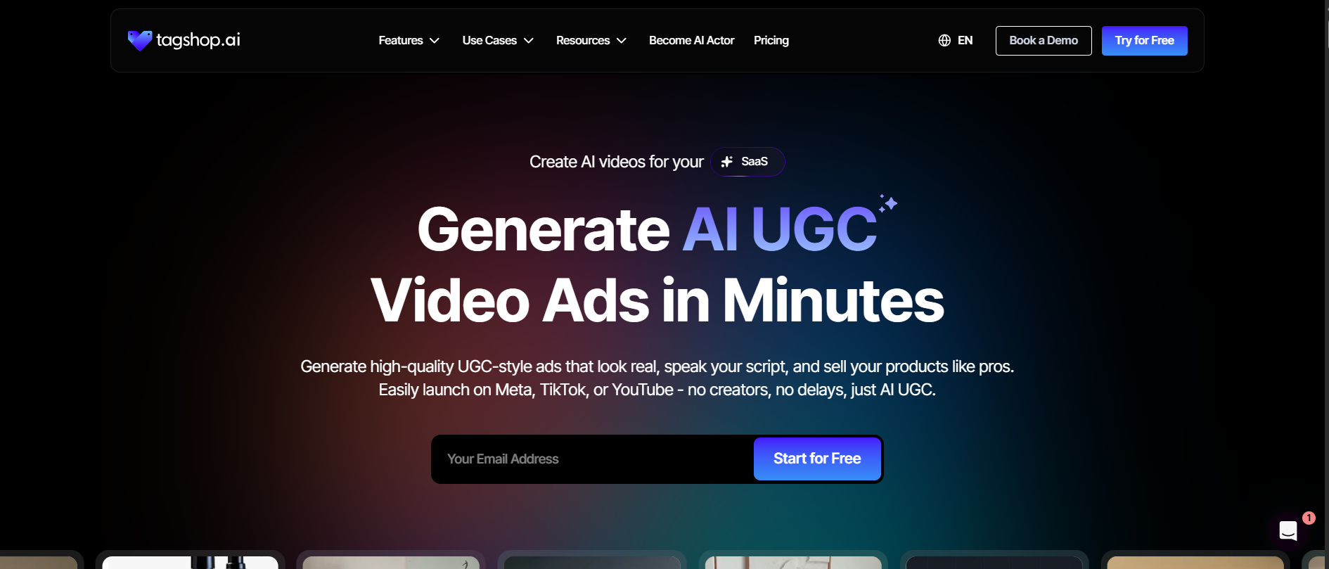 Tagshop Video Generation interface showing ai video ads and features