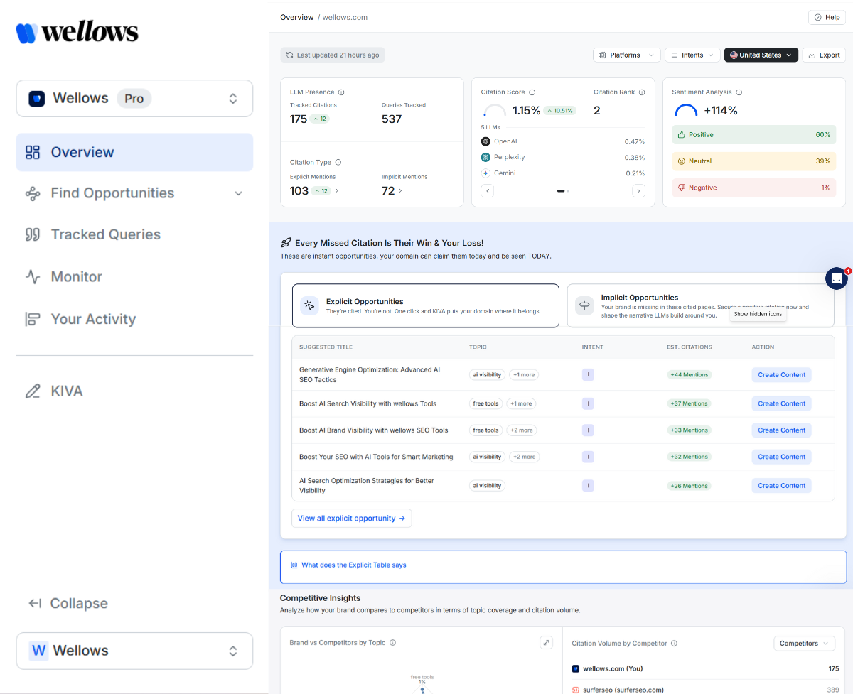 Wellows Data Analytics showing ai search visibility - The Visibility Engine for ChatGPT, Gemini & Perplexity