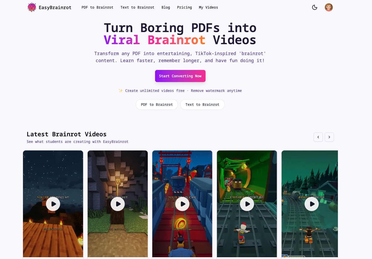 EasyBrainrot Video Generation showing brainrot - Transform boring PDFs into viral TikTok-style brainrot videos