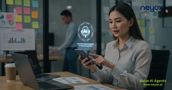Neyox AI Search & Discovery interface showing #voiceaicaller and features