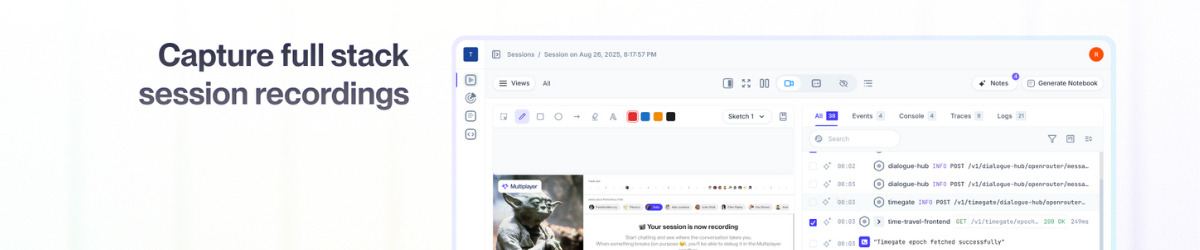 Multiplayer Data Analytics showing dev tools - Full Stack Session Recordings: Record. Code. Fix. Repeat.
