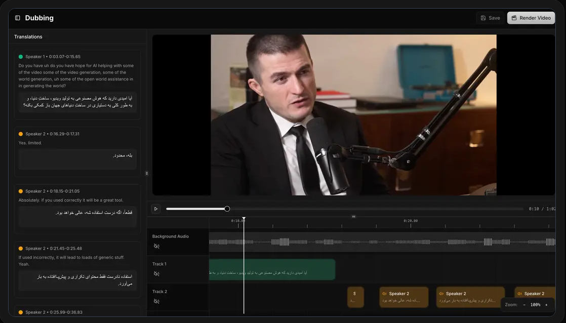 AI Video Dubbing Platform Video Editing interface showing ai video dubbing and features