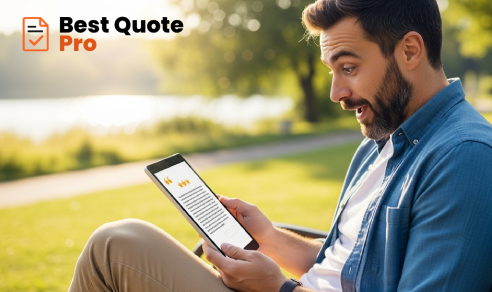 Happy client reviewing a professional Best Quote Pro proposal on a tablet.