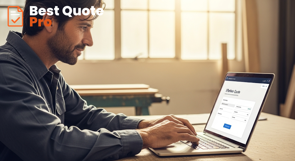 Professional man efficiently inputting project details for a business estimate on a laptop.