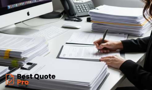 Professional woman using Best Quote Pro to write a customer quote, showcasing brand consistency.