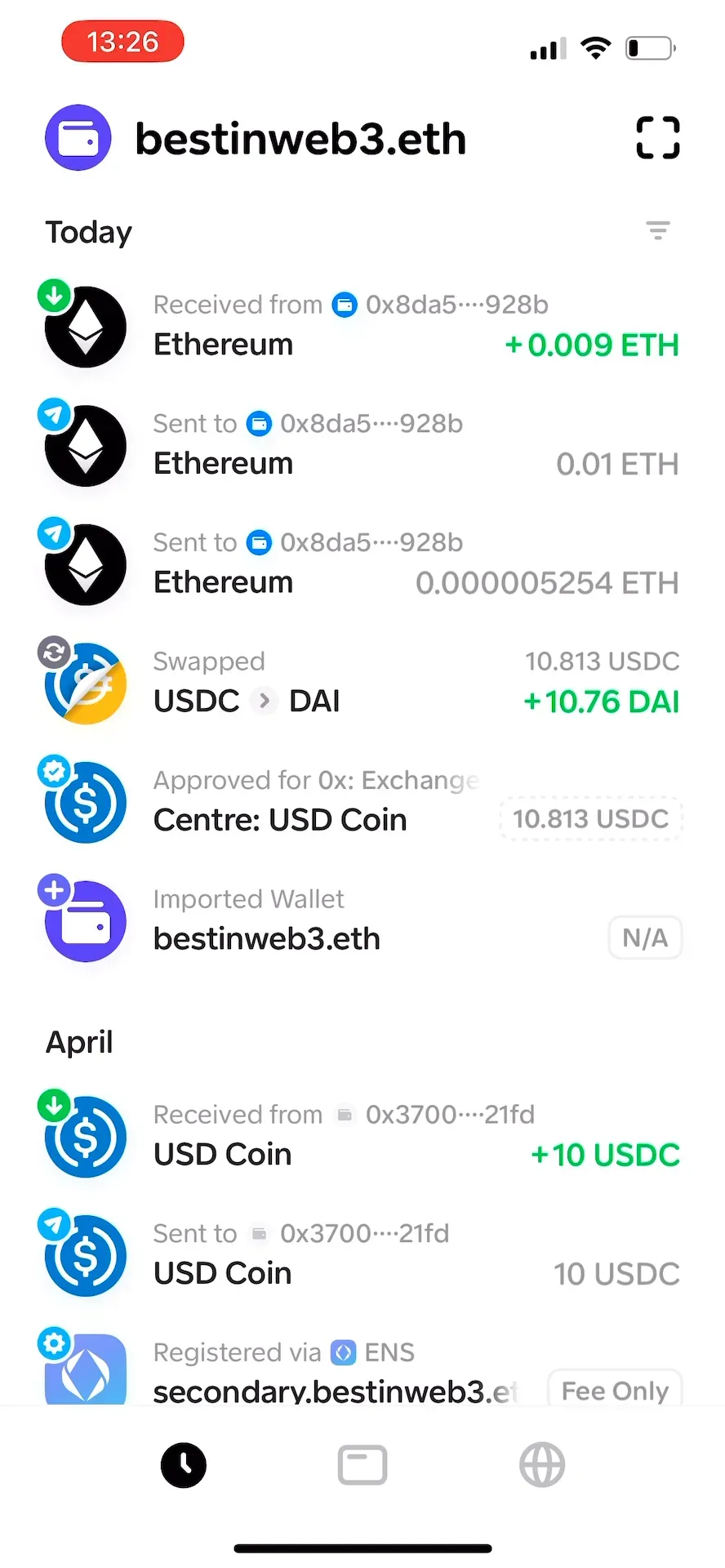 timeline with received transaction