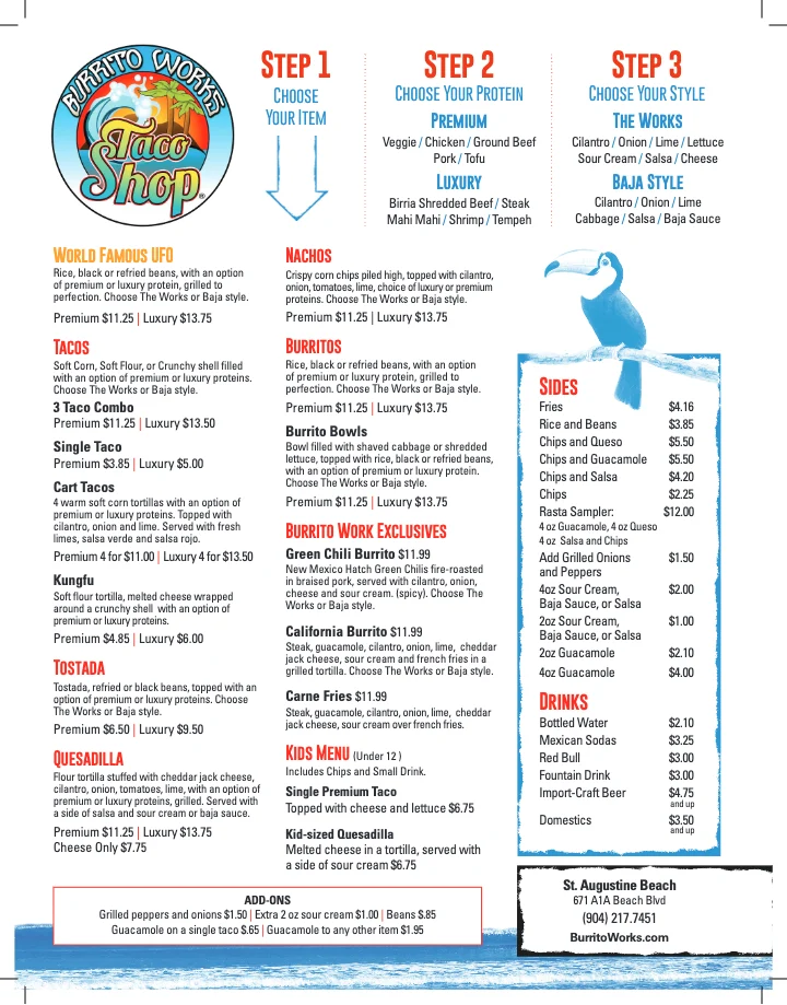 PDF menu of A1a Burrito Works in Saint Augustine, FL, page 1 of 1