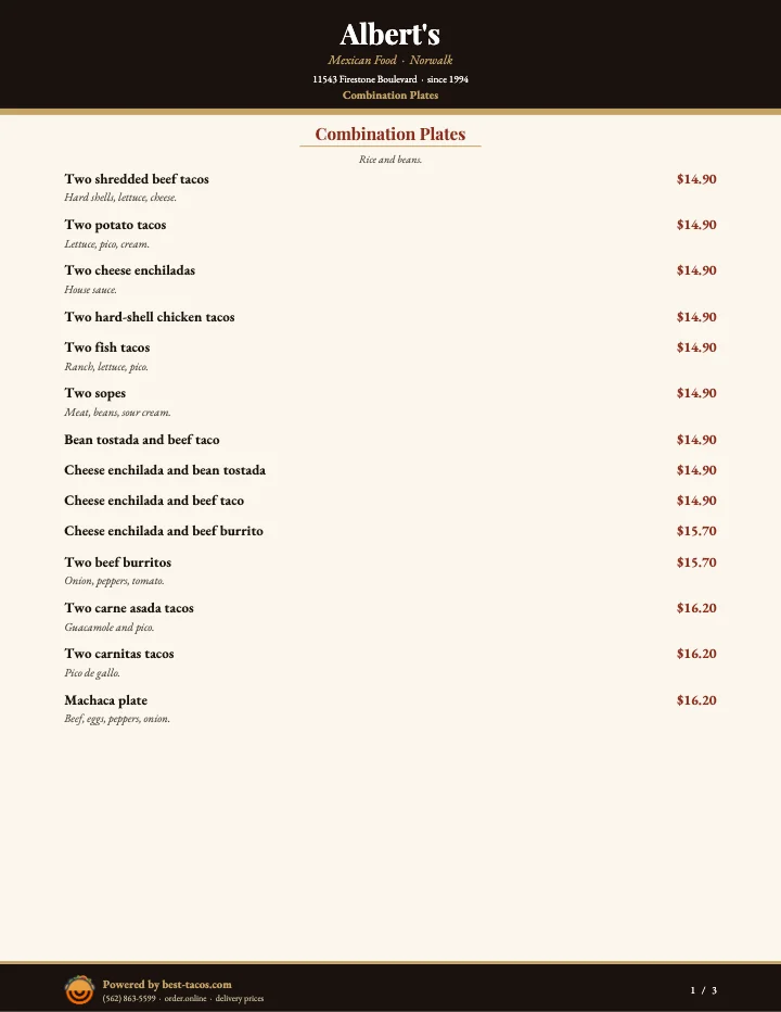PDF menu of Albert's Mexican Food in Norwalk, CA, page 1 of 1