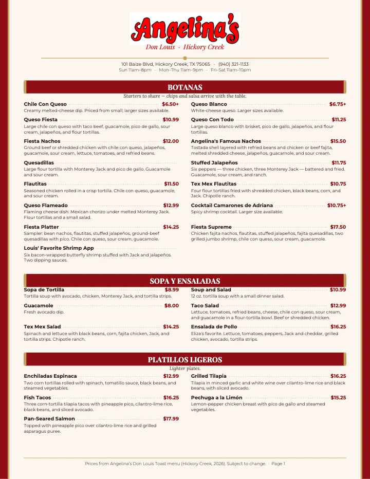 PDF menu of Angelina's Don Louis' Mexican Restaurant — Hickory Creek in Hickory Creek, TX, page 1 of 1