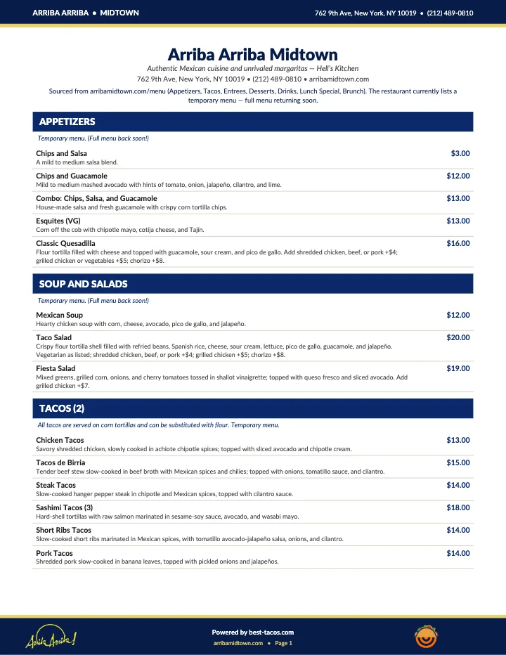 PDF menu of Arriba Arriba Mexican Restaurant in New York City, NY, page 1 of 1
