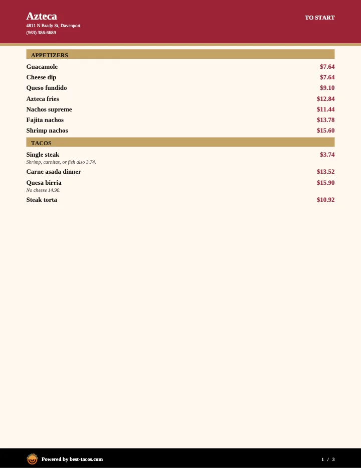 PDF menu of Azteca in Davenport, IA, page 1 of 1