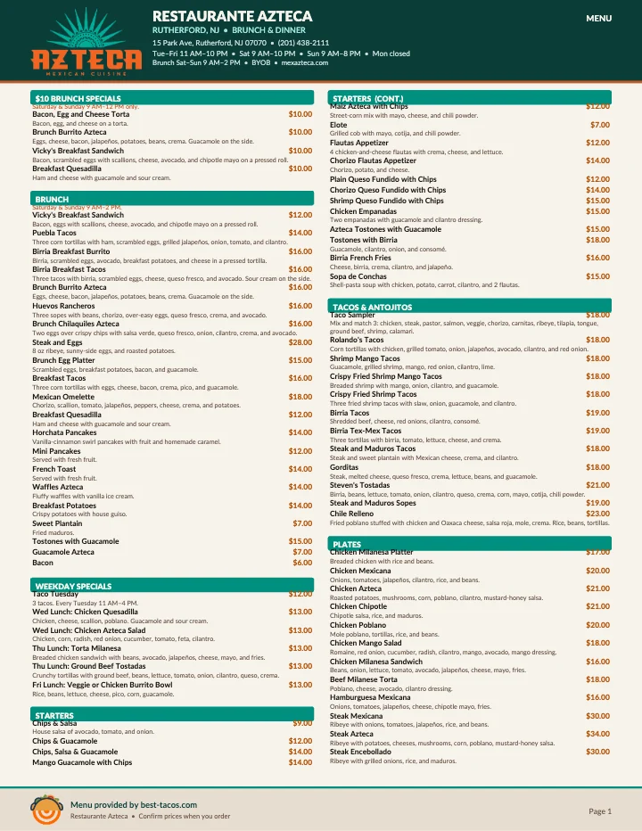 PDF menu of Azteca Restaurante Mexican Cuisine in Rutherford, NJ, page 1 of 1