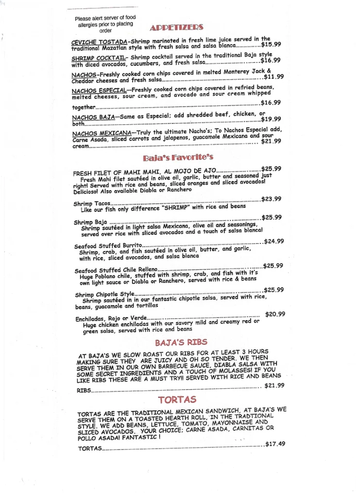 Baja's Mexican Restaurant menu page 1 of 5 in Orange, CT