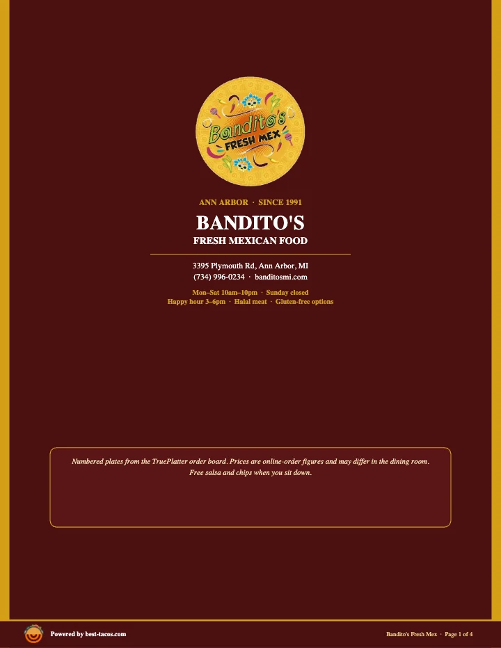 PDF menu of Bandito's Ca Style Mexican in Ann Arbor, MI, page 1 of 1