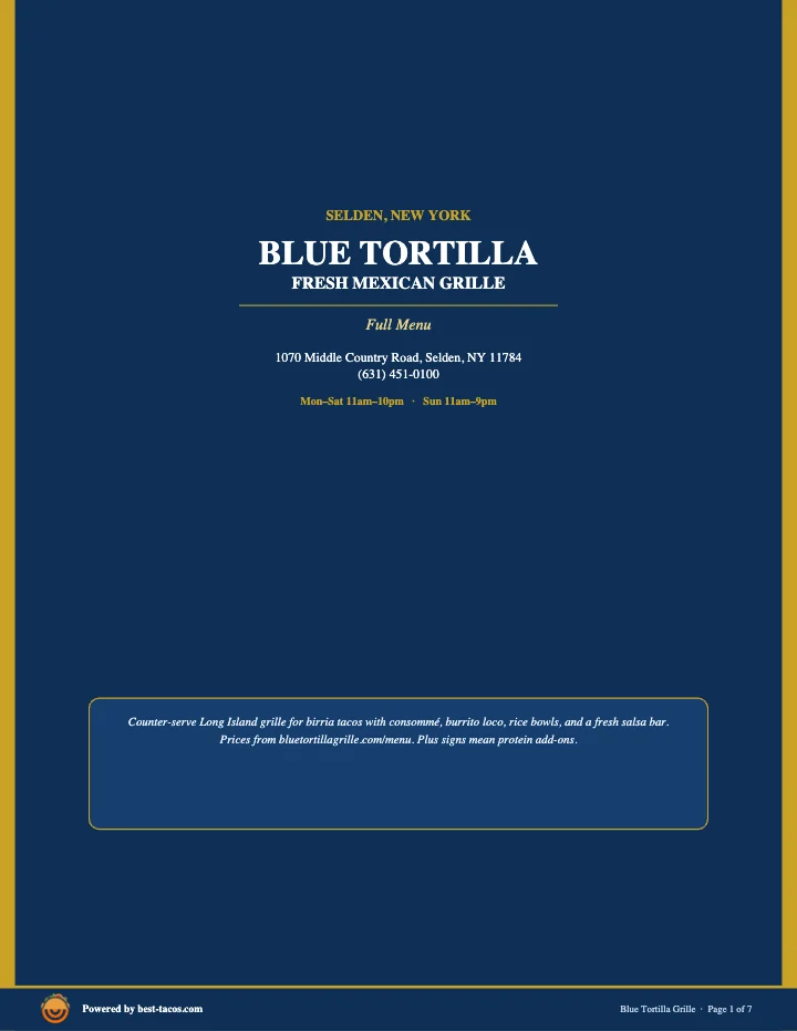 PDF menu of Blue Tortilla in Selden, NY, page 1 of 1