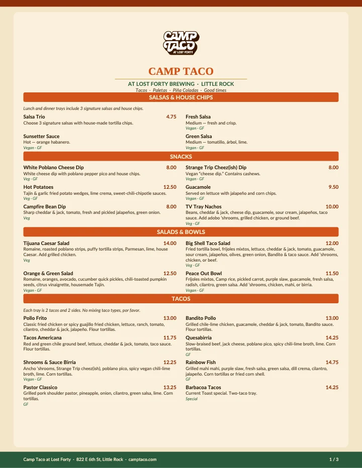 PDF menu of Camp Taco at Lost Forty Brewing in Little Rock, AR, page 1 of 1