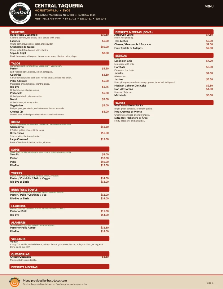PDF menu of Central Taqueria in Morristown, NJ, page 1 of 1