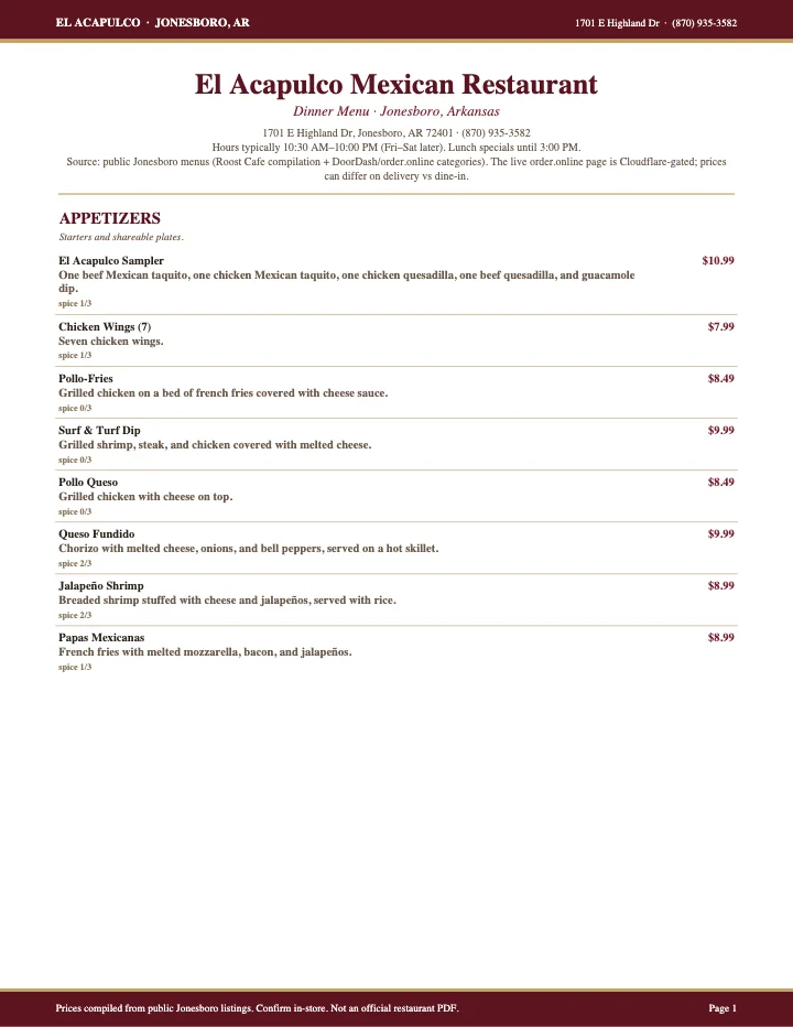 PDF menu of El'acapulco Mexican Restaurant in Jonesboro, AR, page 1 of 1