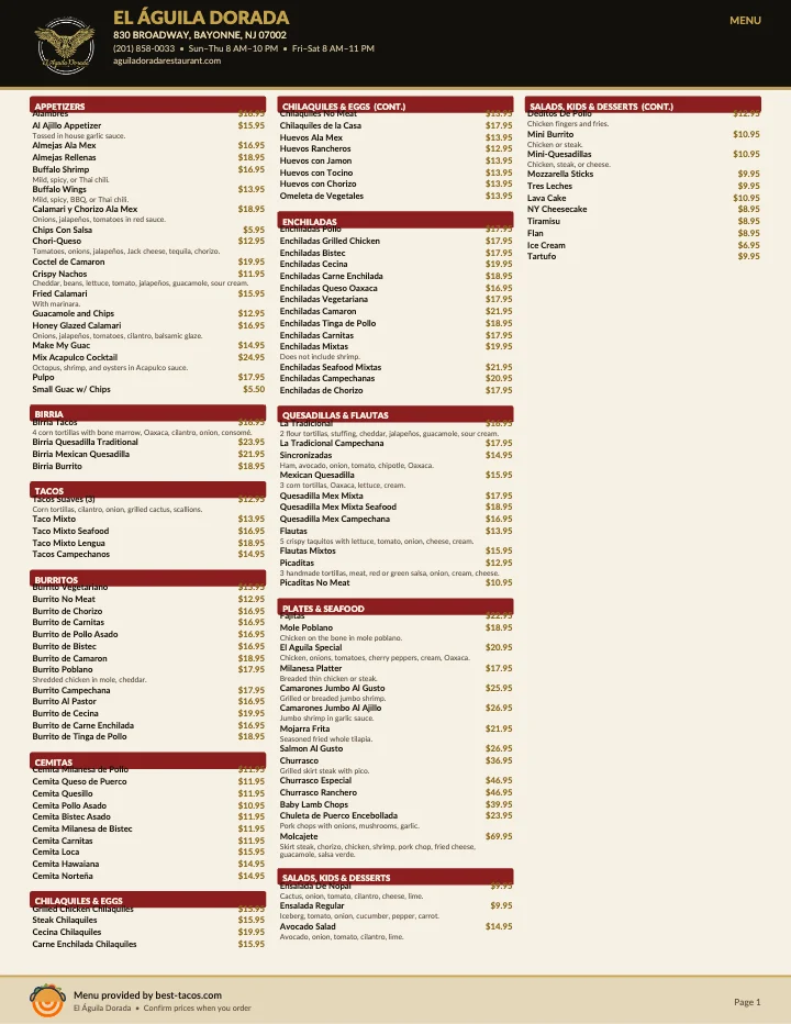 PDF menu of El Agila Dorada in Bayonne, NJ, page 1 of 1