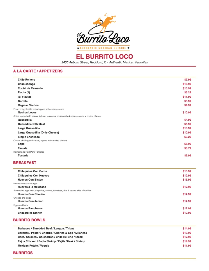 PDF menu of El Burrito Loco in Rockford, IL, page 1 of 1