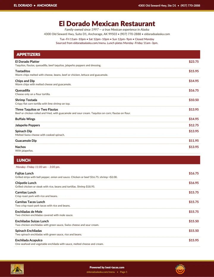 PDF menu of El Dorado Mexican Restaurant in Anchorage, AK, page 1 of 1