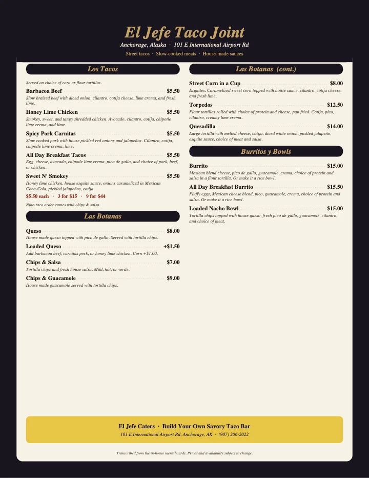 PDF menu of El Jefe Taco Joint in Anchorage, AK, page 1 of 1