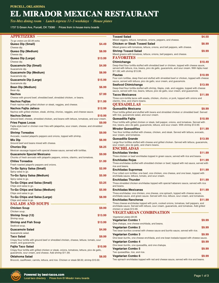 PDF menu of El Mirador in Purcell, OK, page 1 of 1