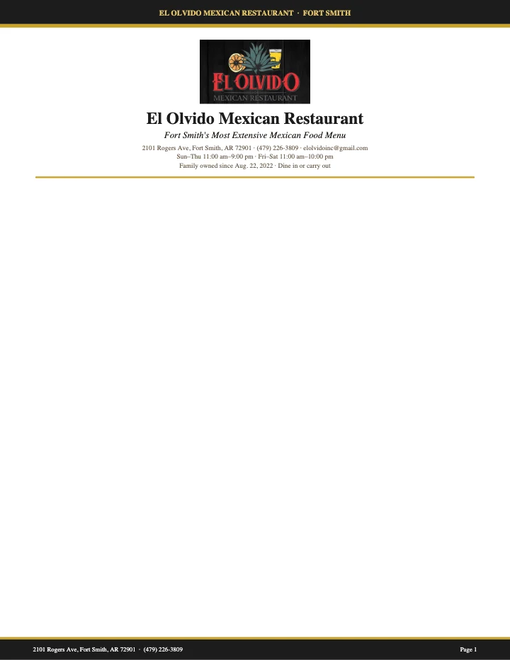 PDF menu of El Olvido Mexican Restaurant in Fort Smith, AR, page 1 of 1