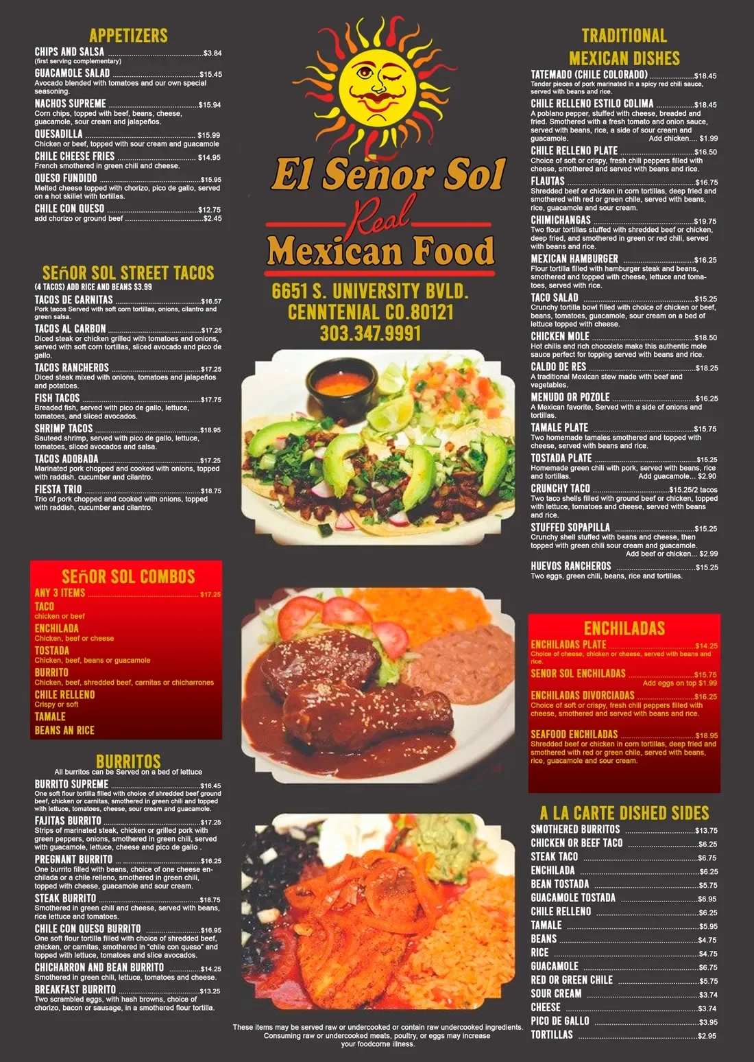 El Senor Sol Real Mexican Food menu page 1 of 2 in Littleton, CO