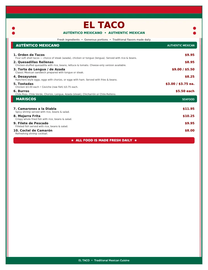 PDF menu of El Taco in Worthington, MN, page 1 of 1