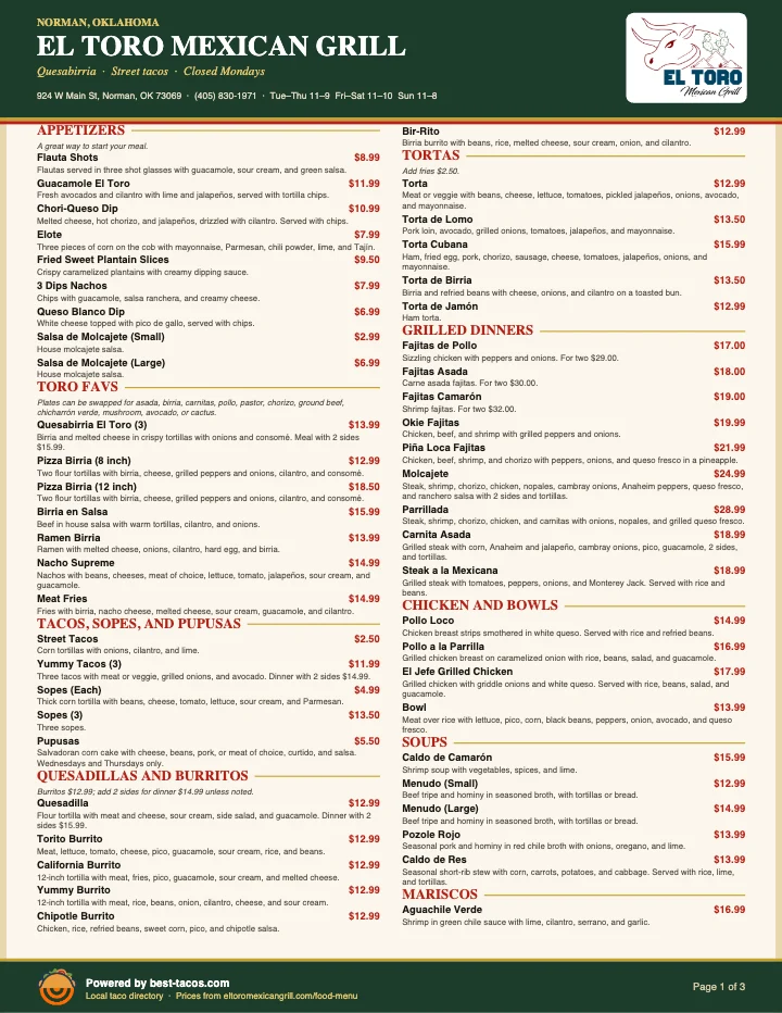 PDF menu of El Toro Mexican Grill in Norman, OK, page 1 of 1